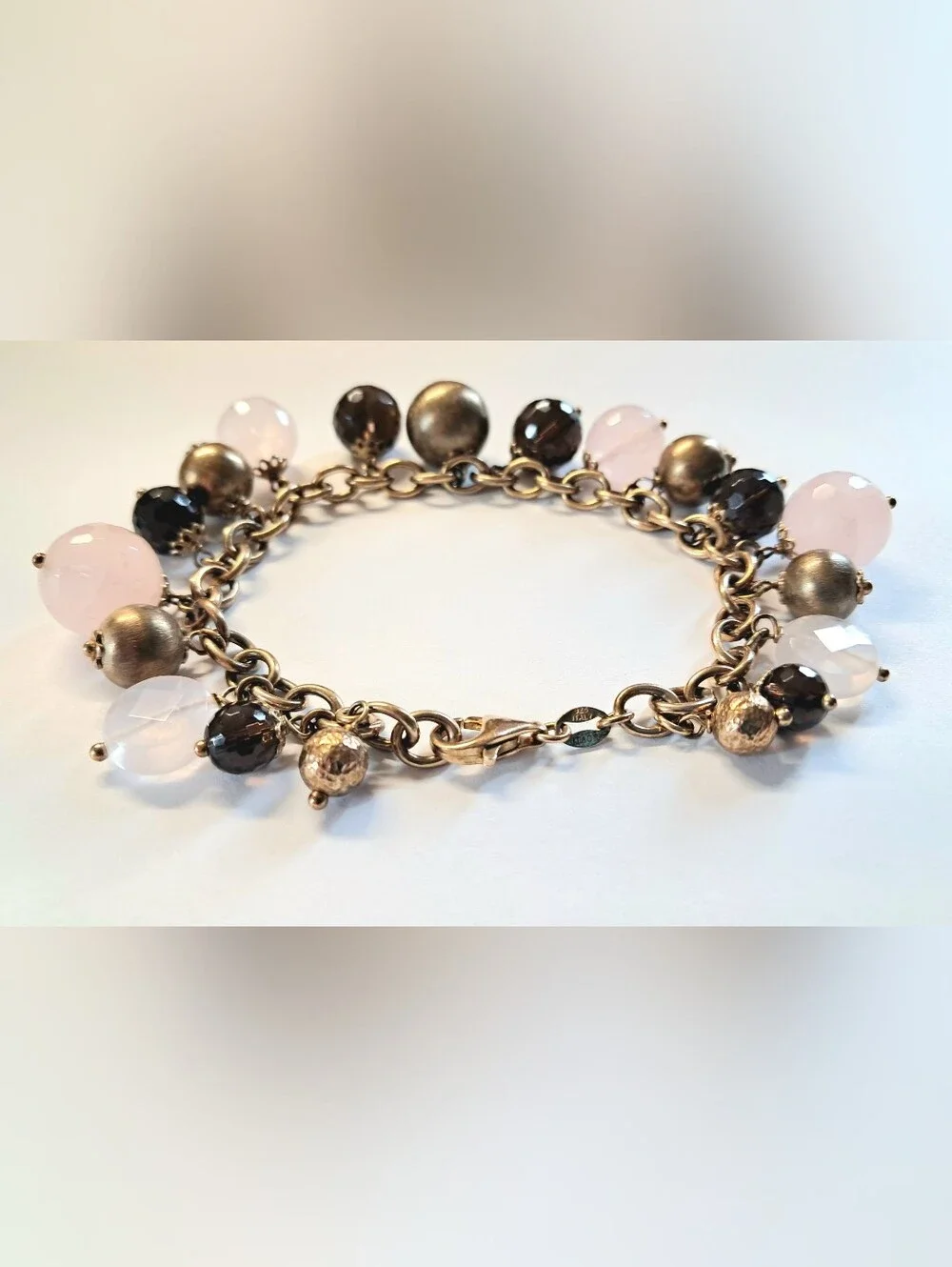 ITAOR Vintage Italy 925 Sterling Silver Heavy Smoky Rose Quartz Charm Bracelet